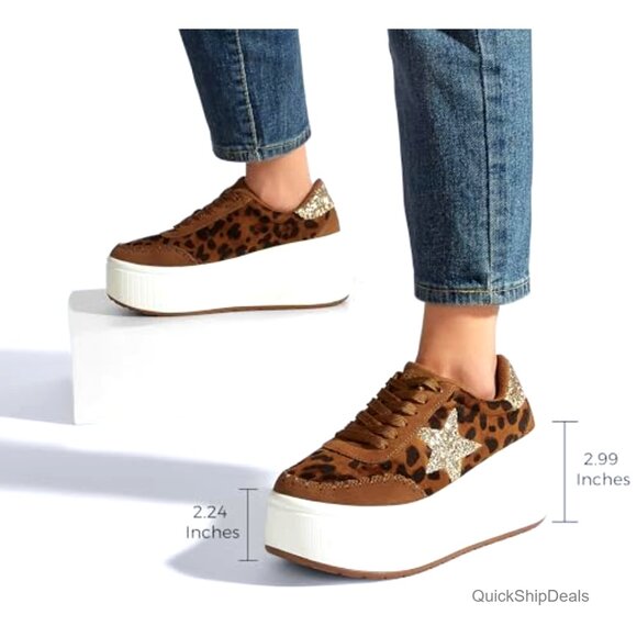 Platform Chunky Sneakers with Glitter Stars, Wedge Walking Shoes, Thick Sole - Picture 2 of 7